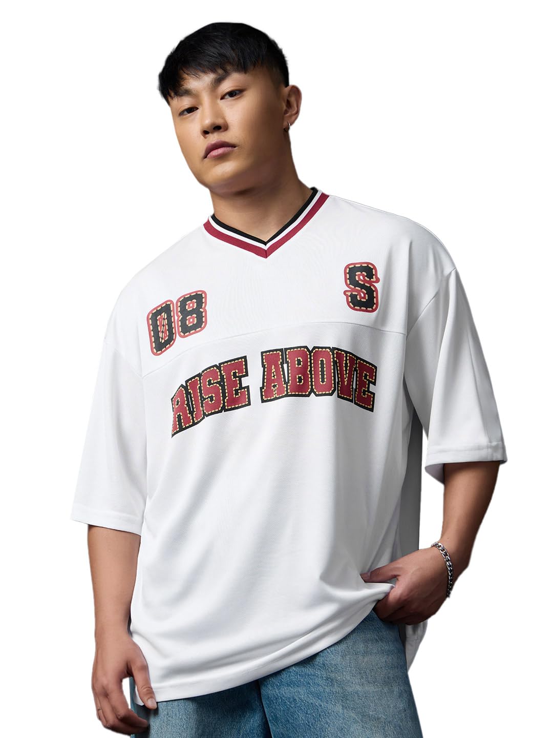the souled store Rise Above Men and Boys Short Sleeves V-Neck White Graphic Printed Lightweight Drop Shoulder Streetwear Easy Dry Sporty Casual Oversized Jerseys-picture-39