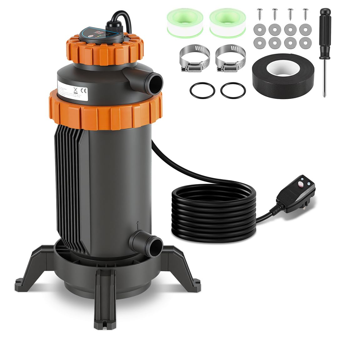 Poolheizung Elektrisch, Ø 17 x 42 cm Pool Heizung Elektrisch,mit Digitale,Schnittstelle 32-38 mm,Poolheizung Leckageschutz,Kippschutz,Flammhemmend,Heizung bis zu 45°