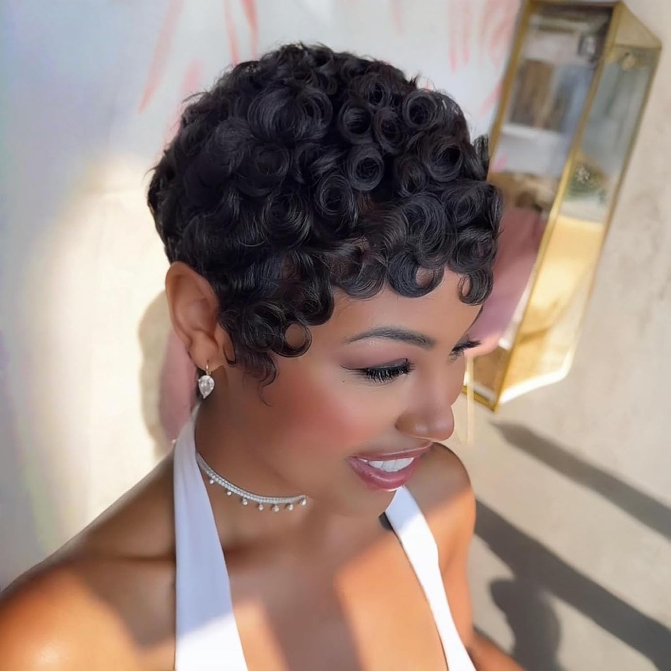 Short Pixie Wig Natural Black Synthetic Hair with Bangs Glueless Tangle-Free Yonova Pixie Cut Human Hair Wig for Women - Short Layered  main image 4