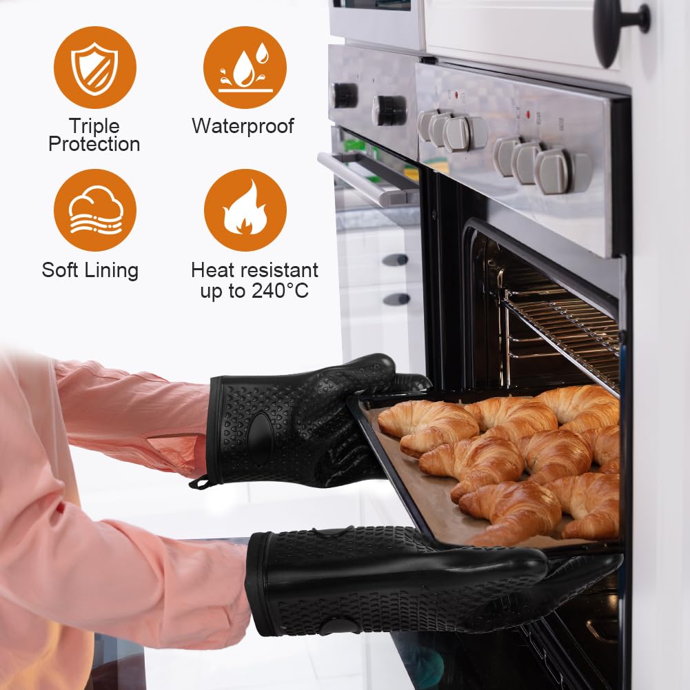Loveuing Oven Handschoenen Siliconen en katoen Dubbellaags - Hittebestendige BBQ Handschoenen/Keukenhandschoenen/Flexibele Ovenwanten - Perfect voor bakken en barbecue