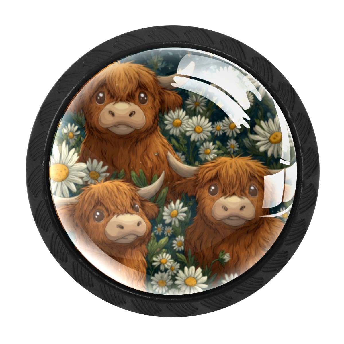 4 PCS Cabinet Knobs, Highland Cow Daisies Drawer Knobs Dresser Handles