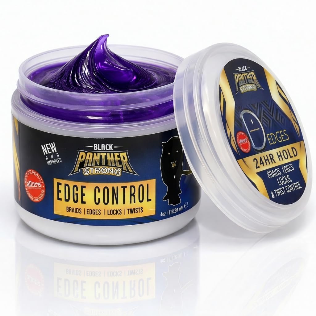 Black Panther Edge Control Gel For 4C Natural And Relaxed Hair, With Castor Oil, Coconut Oil and Aloe to Support Edge Health. Non-Greasy, Non-Flaking, No White Cast, 24 hrs hold. 8 oz