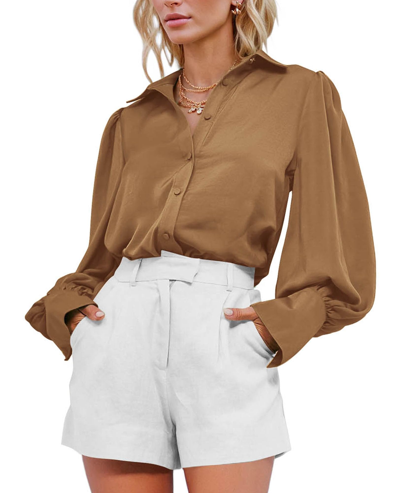 BTFBM Women Blouses Spring Fall Outfits Satin Lantern Long Sleeve Shirts Button Down Dressy Work Business Casual Tops