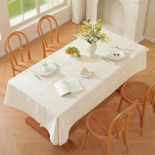 Miniatura 7 de Zobesta Mantel rectangular de lino blanco de 53 x 120 pulgadas, mantel de lino blanco de algodón para mesas rectangulares, mantel de cuadros de