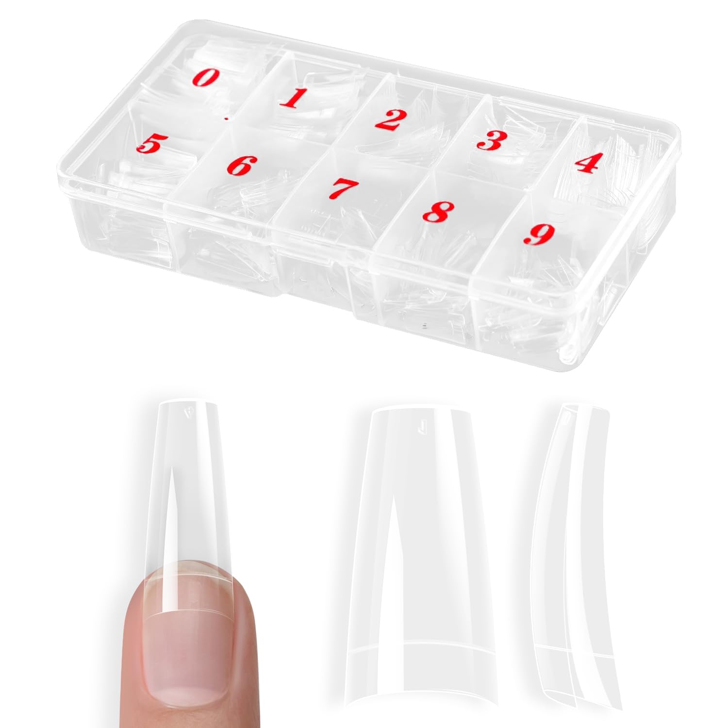 Clear French Coffin Nails Tips 500 PCS 10 Sizes Half Cover Clear Nail Tips French Style Straight Nail Tips Acrylic Fake Nails with Box for Nail Salon Home DIY