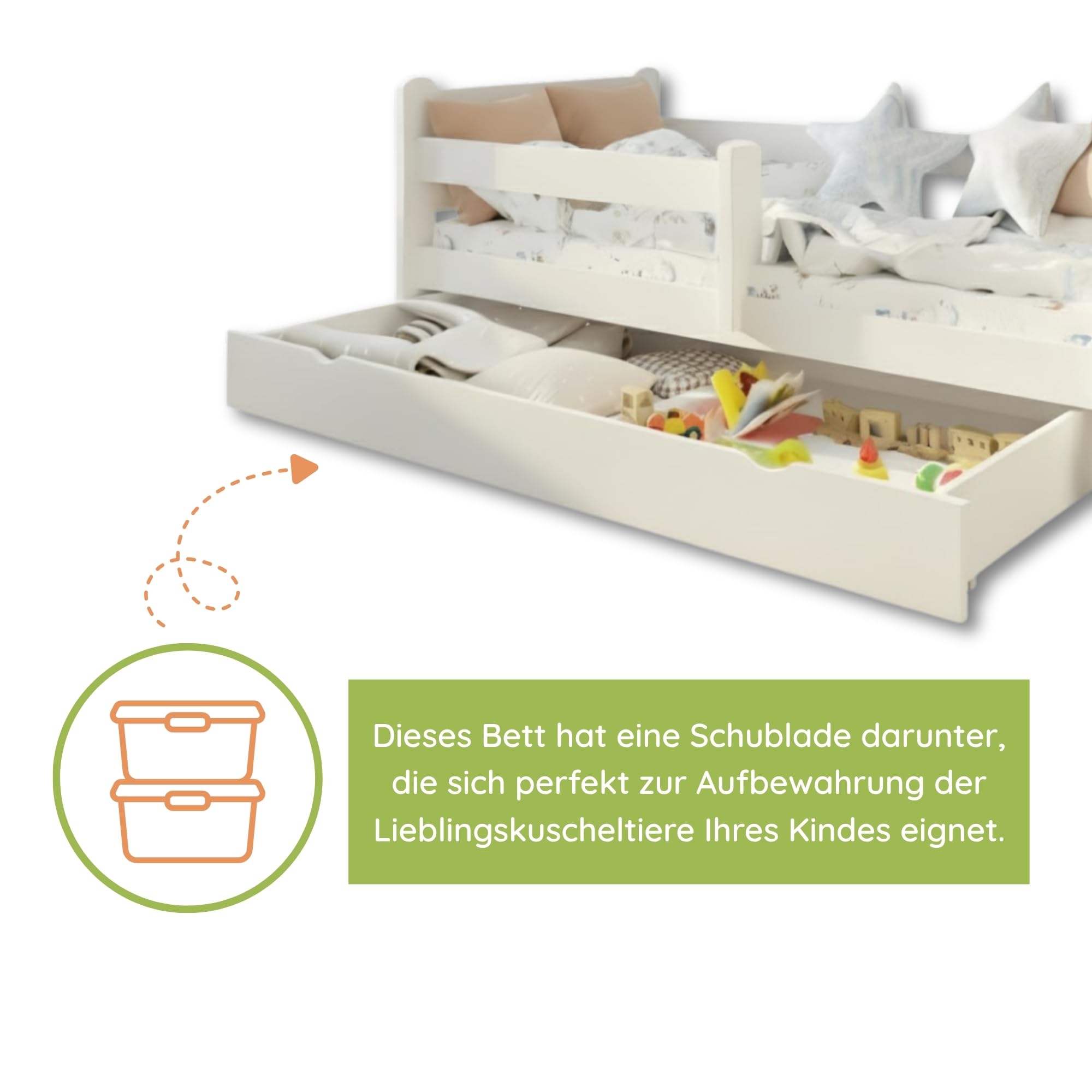 Kids Collective Kinderbett 80x160 cm Kinder Bett Jugendbett Juniorbett | Mit Rausfallschutz & Schublade | Stabiles Kiefernholz | 80×160 cm von 3. bis 10. Lebensjahr | Weiß