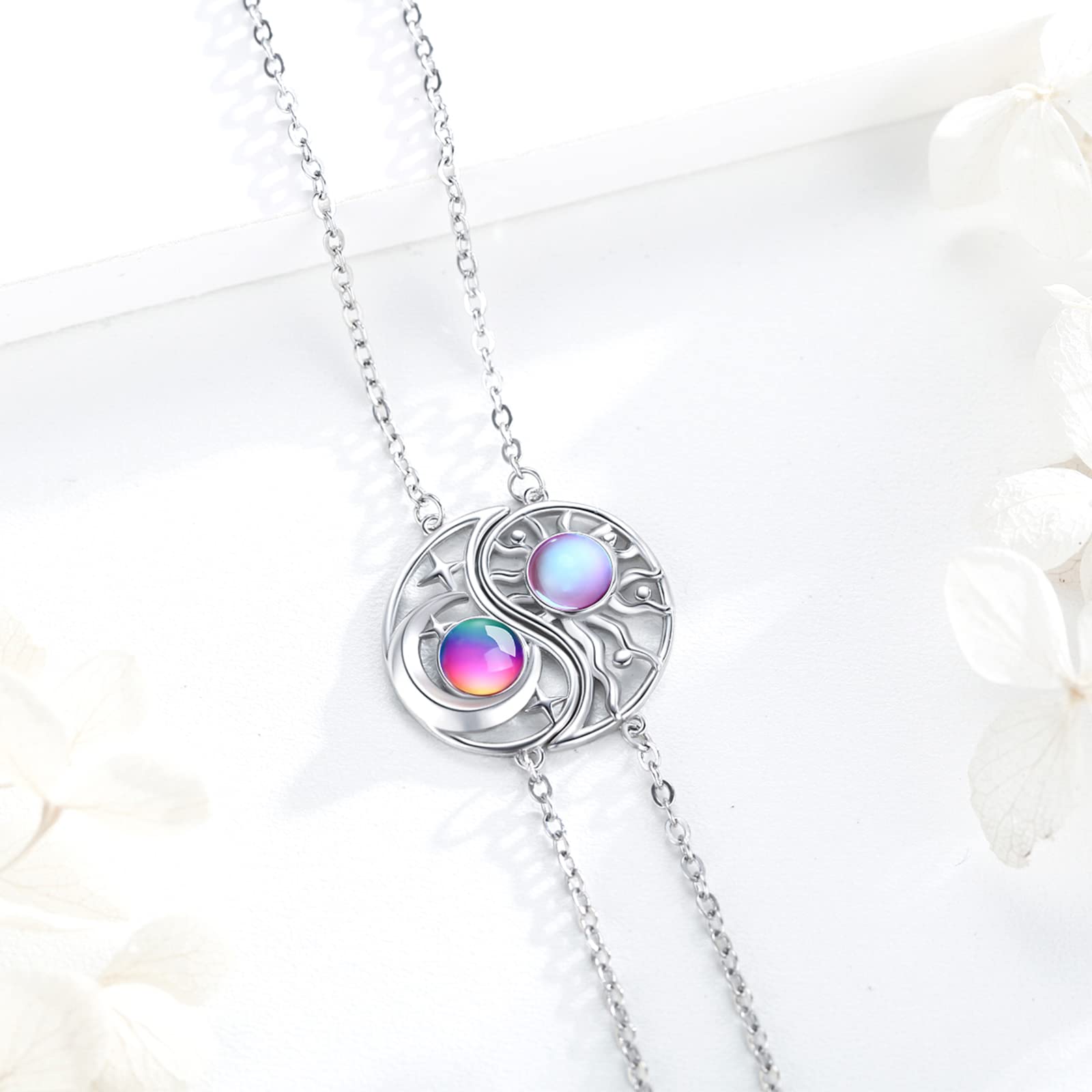 2 Stücke Bff Armband Mond Sonne 925 Sterling Silber Schwestern Armband Runden Kristallen Mondstein Sonne Mond Freundschaftsarmband Bff Schmuck für 2