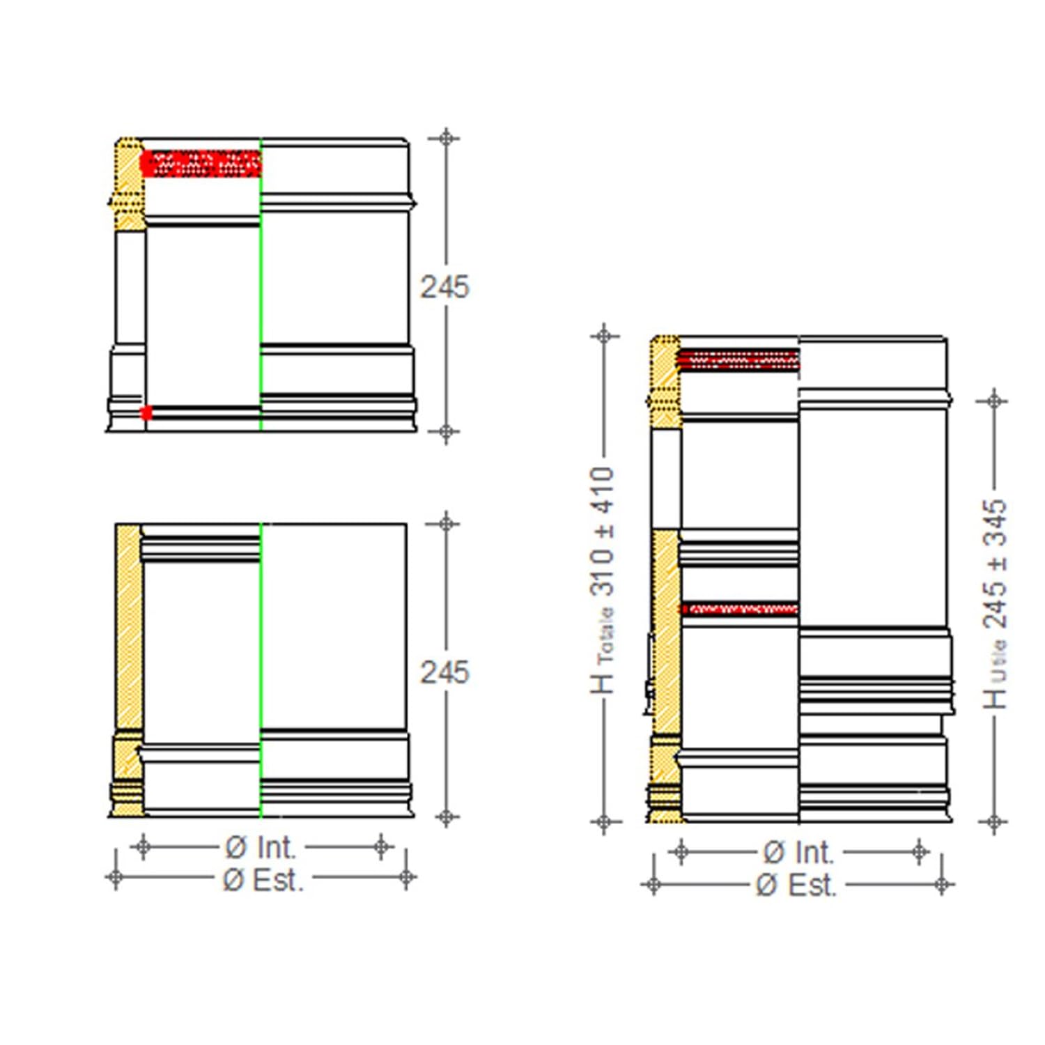 Modulo Telescopico Doppia Parete Canna Fumaria Acciaio INOX Tubo Coibentato Regolabile da mm 250 a mm 400 (DN 250/300)