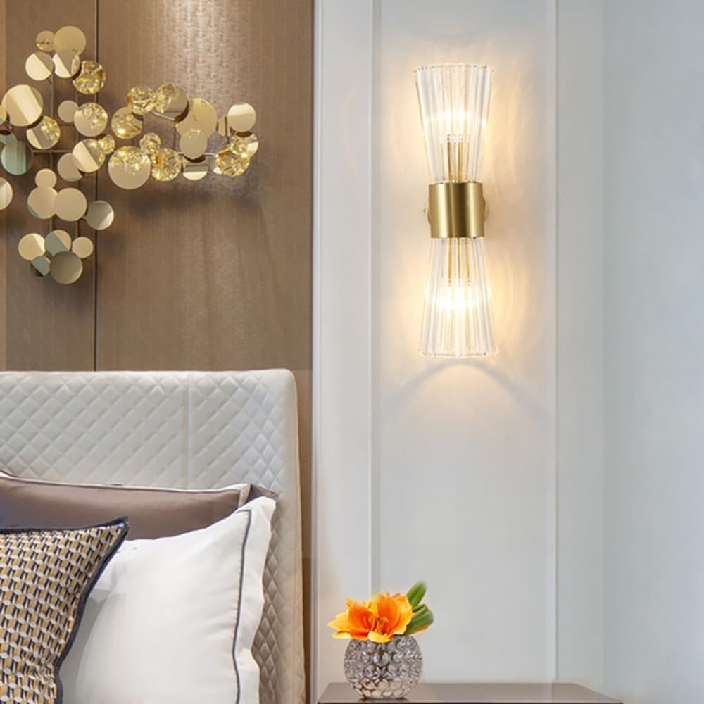 Kinkiety ścienne wewnątrz 2 światła kryształ łazienka góra dół toaletka złota długa liniowa lampa ścienna prążkowane szklane lampy ścienne do sypialni salonu korytarza korytarza wiejskiego domu
