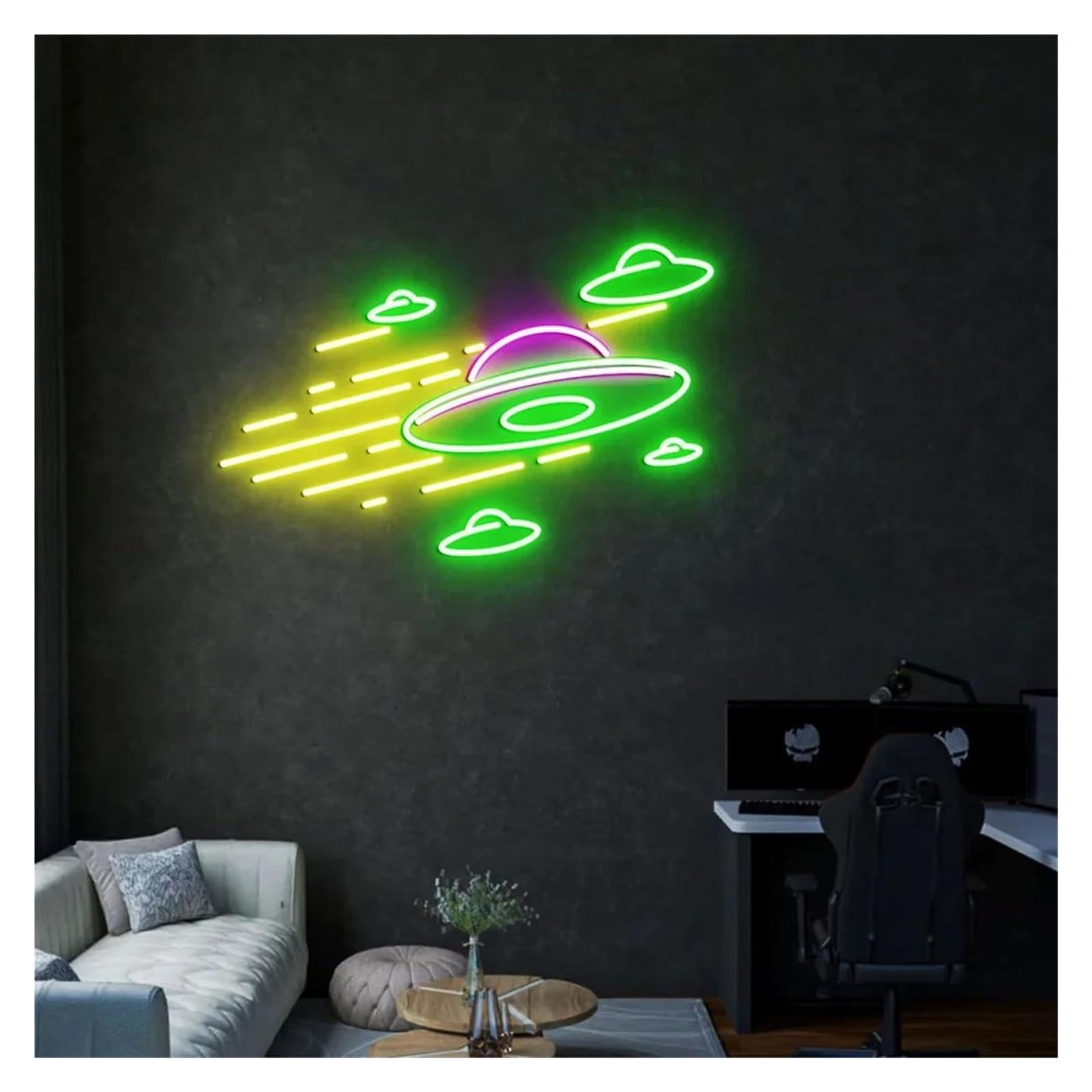 LEMST Signs Lamp Flying Saucer Neon Signs USB Powered Adjustable Brightness UFO Neon Lights, for Club Party Decor 36cmx38cm(B)