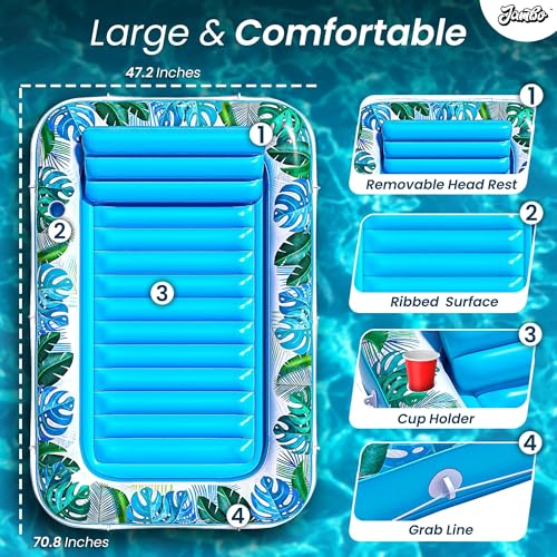 JAMBO XL Inflatable Tanning Pool Lounger Float, 80 x 56 Sun Tanning Pool Float with Pillow, Double Water Lounge Raft Pool Floatie for Adults Tanning Raft Water Tanning Bed Kiddie Pool Floats - image 4