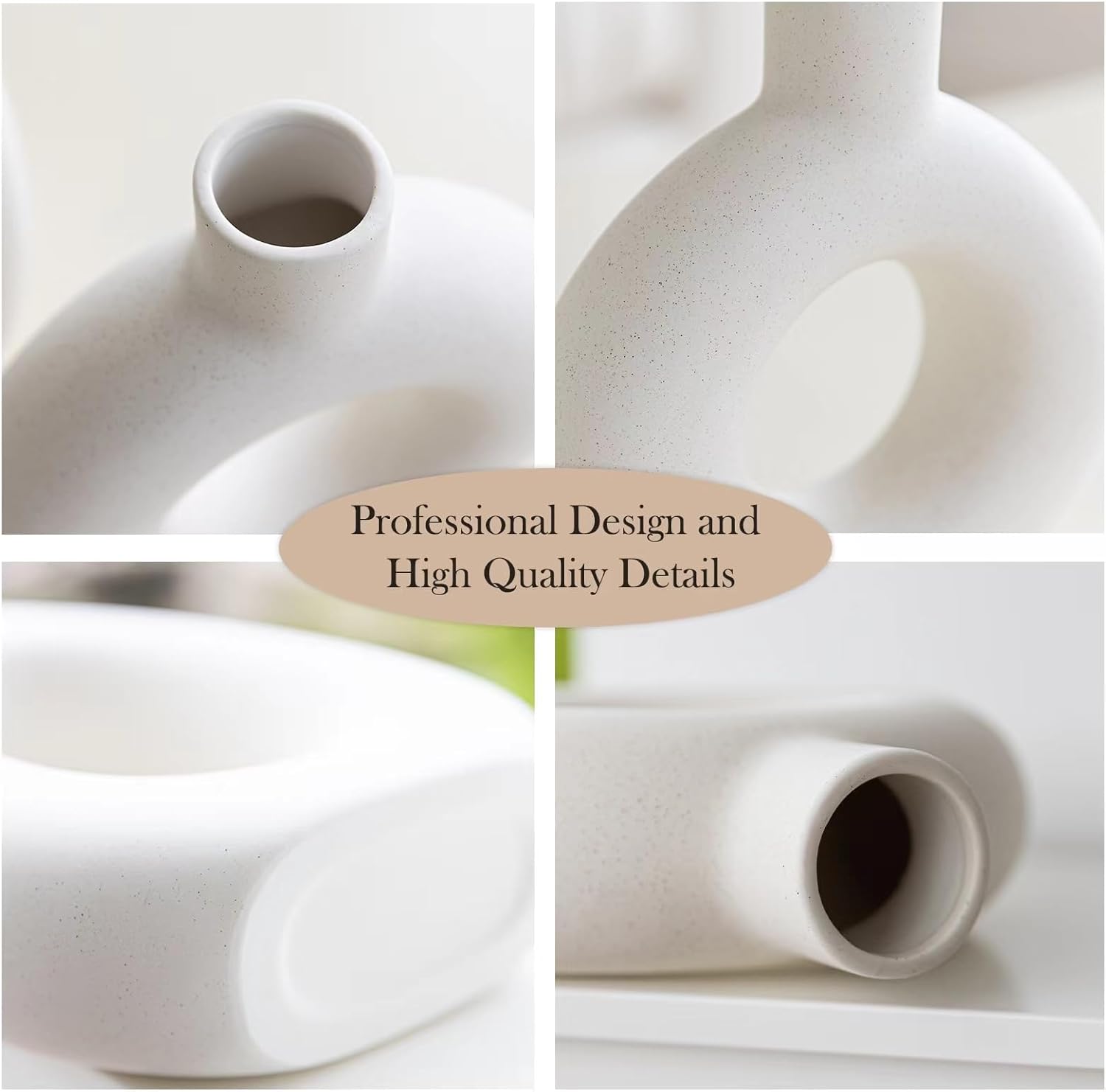 White Ceramic Vase Set of 2 for Modern Home Decor, Round Matte Donut Vases for Pampas Grass, Boho Nordic Minimalism Style Modern Flower Vases for Living Room Table Bookshelf Office Bedroom - Image 3