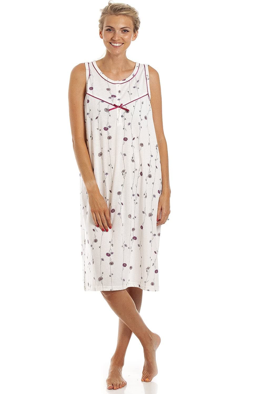Camille Women's Off-White Cream Sleeveless Poppy Print Nightdress 10-12