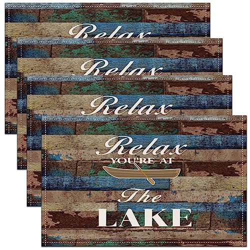 Image of Lake House Table Place Mats Set 45X30cm Rustic Wooden Placemats Set of 4 for Decor Lake Life Placemat for Kitchen Dining Table Decor Indoor Outdoor Vintage Farmhouse Decor