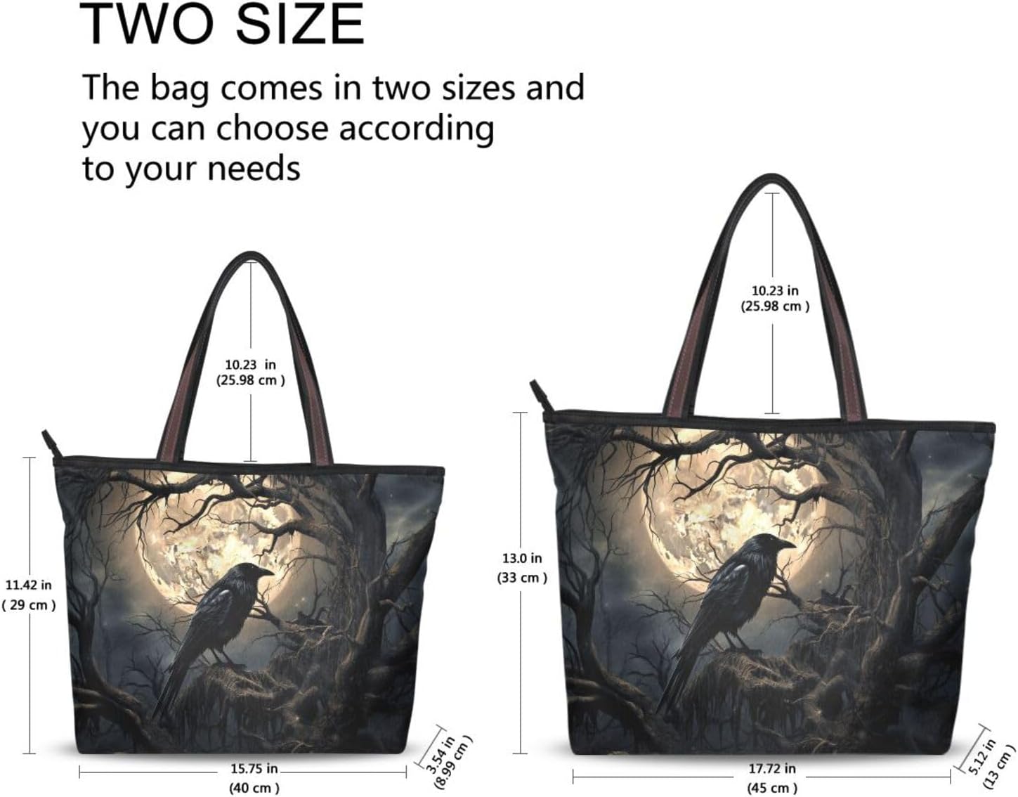 Tote Bag for Women-Gothic Raven Tree Print, Reusable Grocery Handbag Bags with Zipper Large