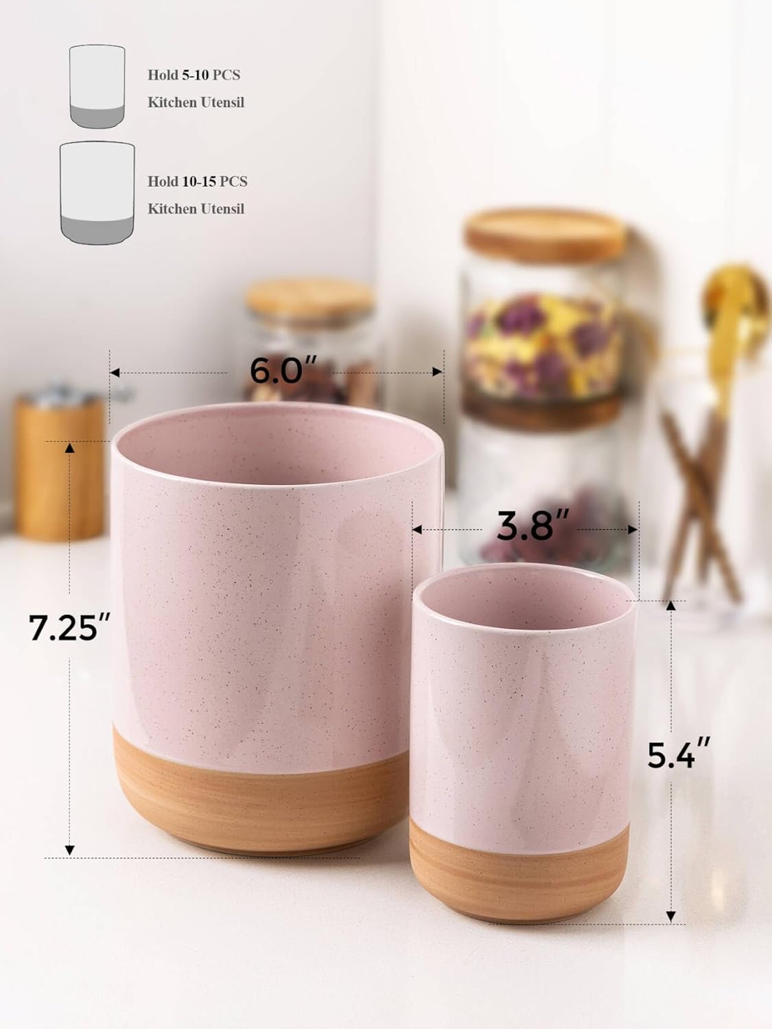 AmorArc Ceramic Utensil Holder, 7.25"+5.4" Cooking Utensil Crock for Countertop, Kitchen Countertop Organizer with Rustic Terracotta Underside for Spatula, Set of 2
