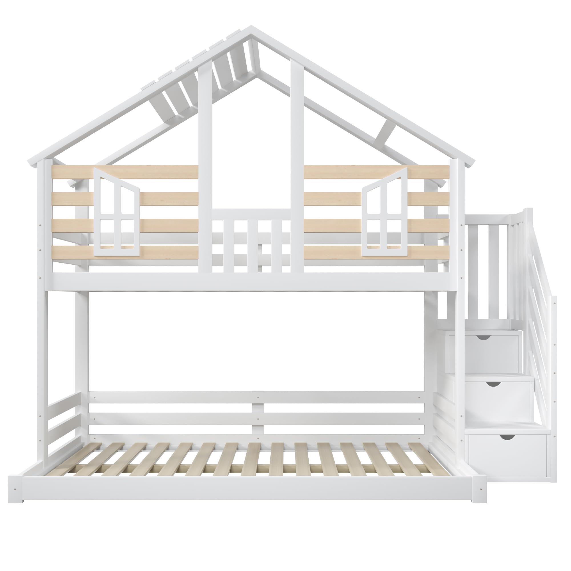 Letto a castello, 90x200cm + 140x200cm, design a casa, design con finestra, scaletta contenitore, letti di varie misure, senza materasso, bianco + naturale((Bianco + Naturale)-B)