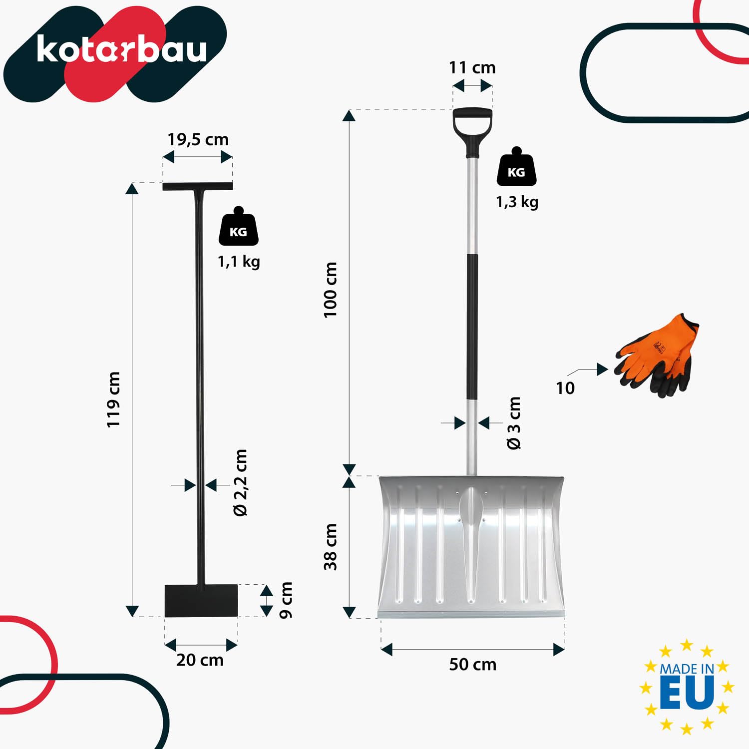 KOTARBAU® Set Schneeschaufel mit Aluminiumstiel 138 cm Eisschaber 119 x 20 cm + Handschuhe warm Schneeschieber Aluminium Schneeschaufel Auto Stoßscharre mit Stiel Schaufel mit Stiel