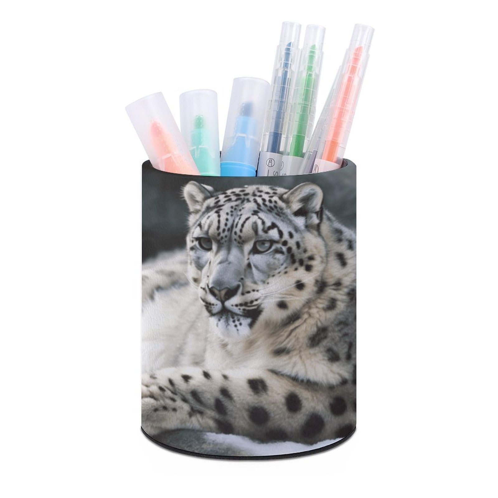 VstaDank Snow Leopard Pen Holder PU Leather Pencil Cup Minimalist Desk Pencil Holder Round Make Up Brush Organizers For Office Dorm Room&Vanity Desk Accessories