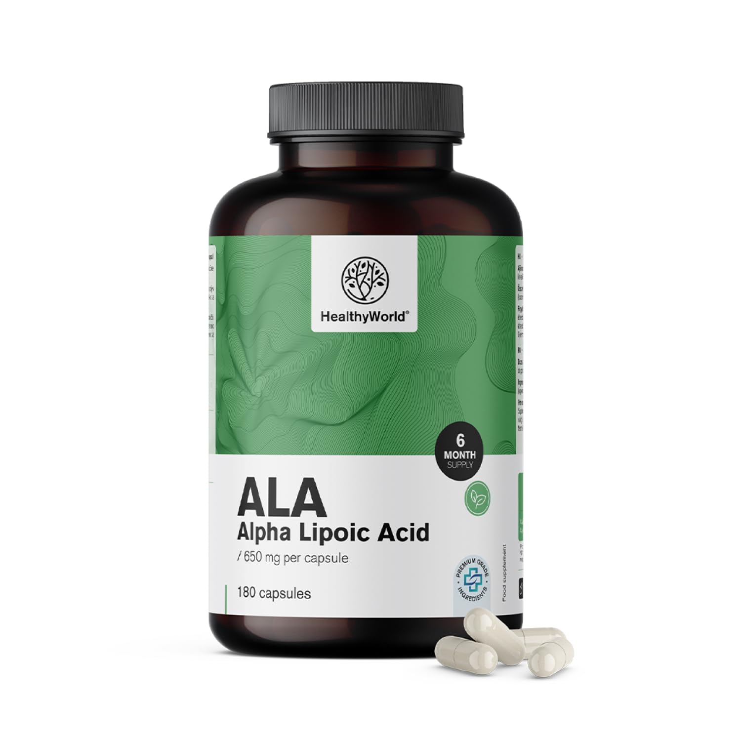 HealthyWorld ALA – Alpha-Liponsäure – 650 mg pro Tagesdosis – 180 pflanzliche Kapseln – Energieboost – 6-Monats-Vorrat – Hervorragende Verwertbarkeit