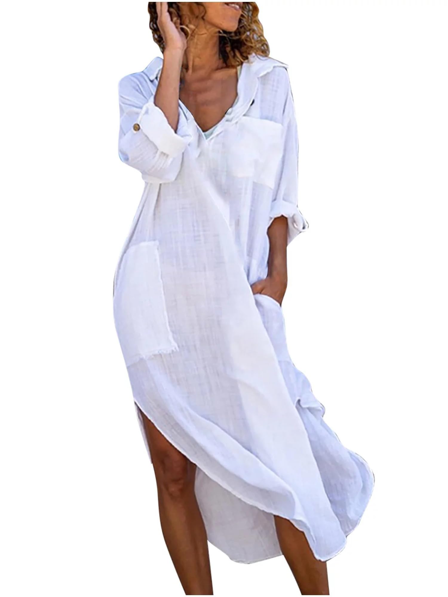 Acrawnni Women's Summer Loose Maxi Dress Solid Color 3/4 Sleeves Round-Neck Tie Front Long Tunic Dress Casual Boho Sundress (B-White, L)