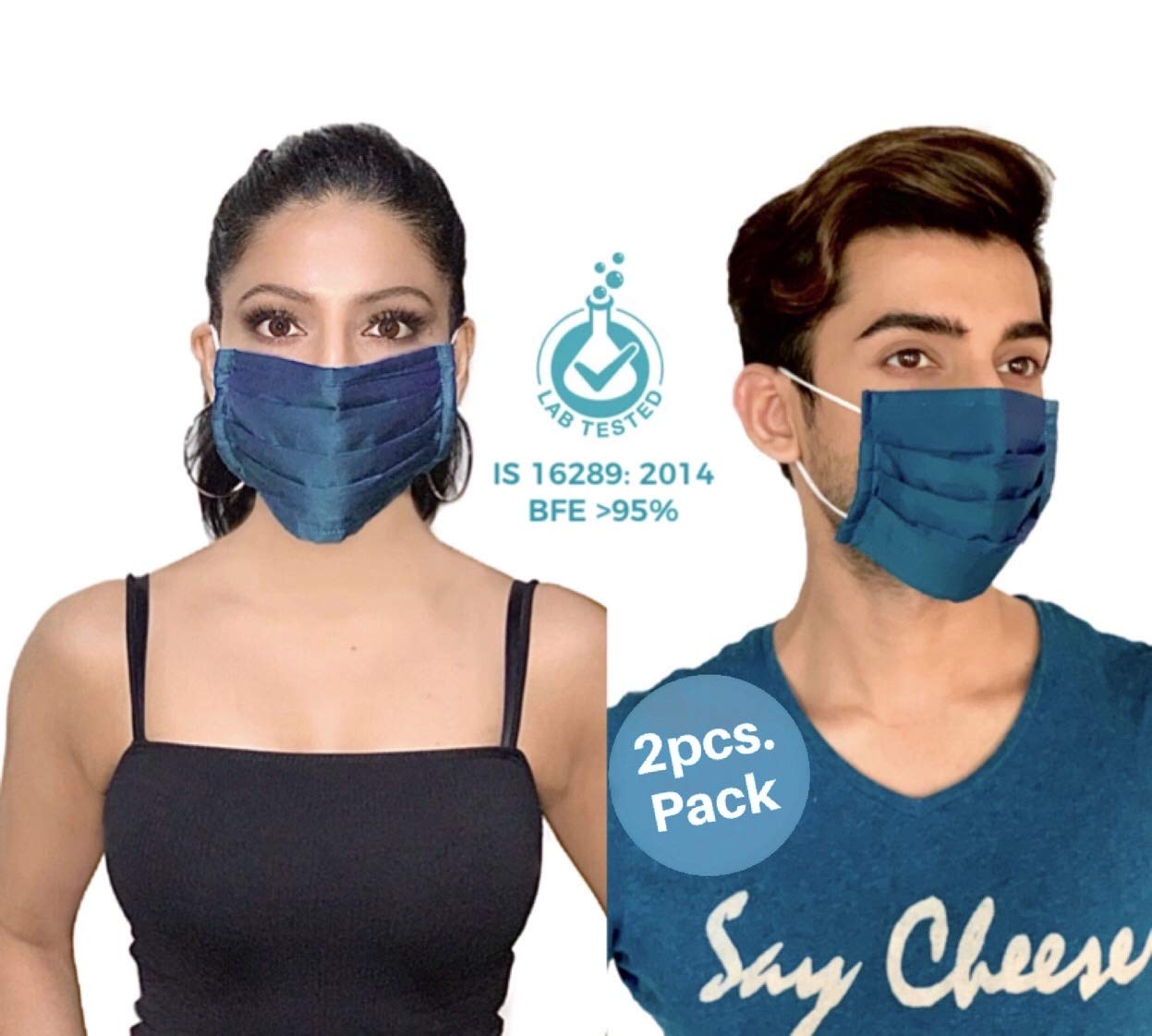 Lab Tested BFE>95% MASKPLUS™ 3-Layer Reusable Washable Face Mask- Pack of 2 (TEAL 2-TONE)