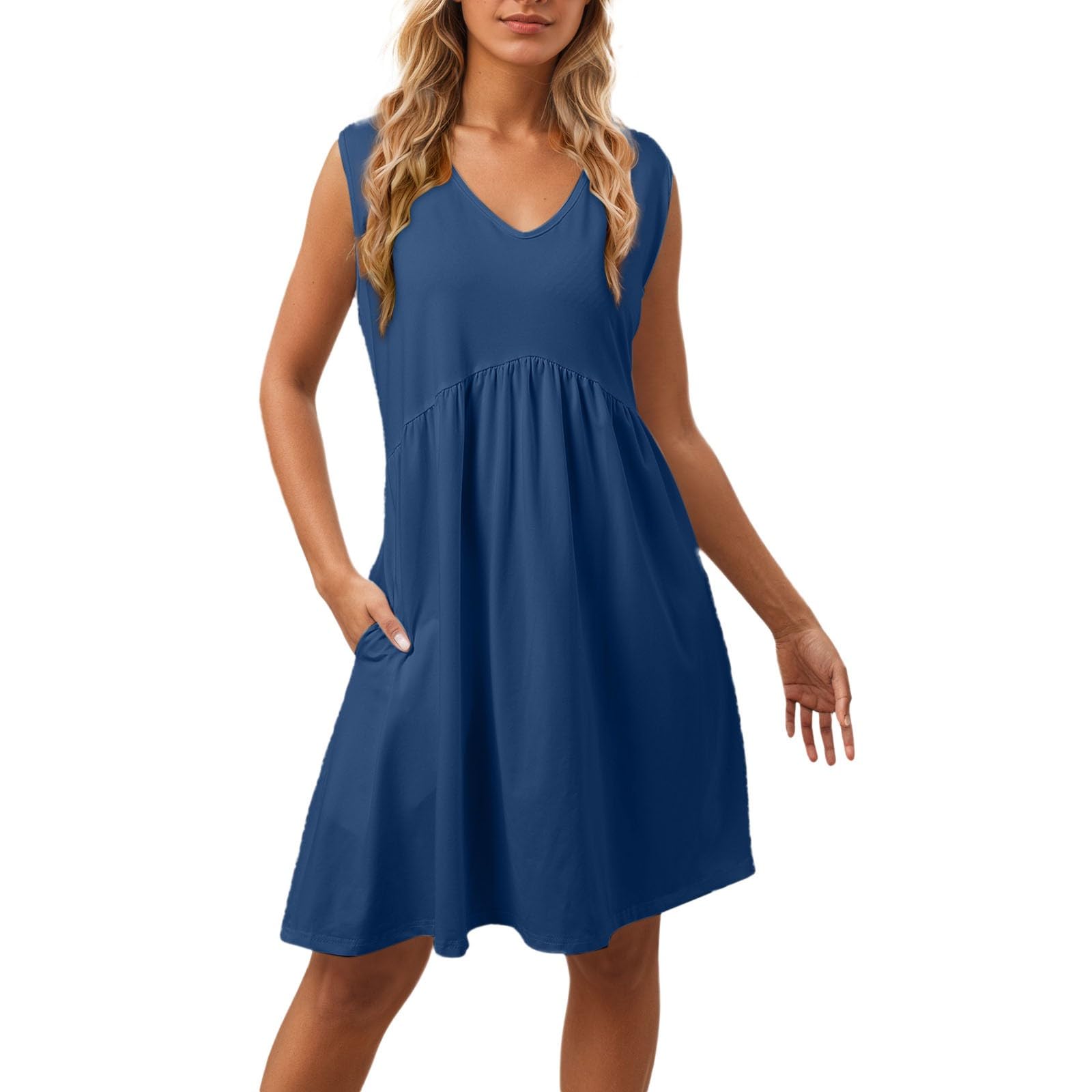 Vestido Casual De Verano for Mujer, Cuello En, Sin Mangas, Bolsillos Laterales, Diario Cómodo, Color Liso, Midi Fluido for Salidas