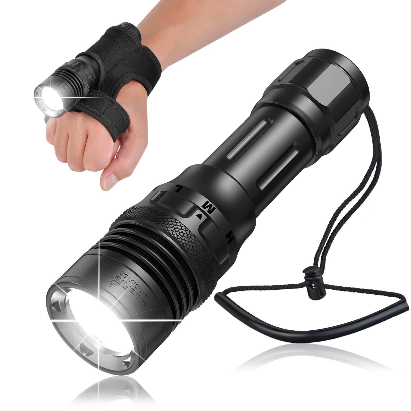 ULTRAFIRE Dive Torch 3350 Lumen Rechargeable Scuba Diving Torch, 3 Modes Dive Light with Magnetic Rotary Switch, IPX8 Waterproof Underwater Flashlight with Wrist Holder, UF-DIV13S