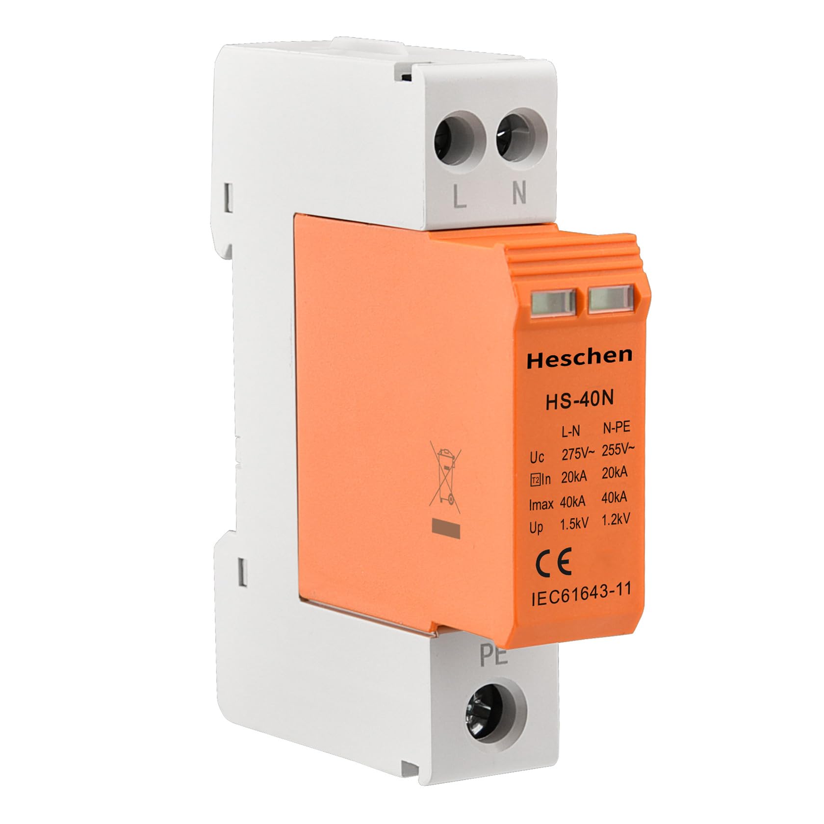Heschen Surge Protective Device SPD, HS-40N, 275VAC 20KA, 1+NPE, Fire-Proof, Low-Voltage Arrester, 35mm DIN Rail Mounting