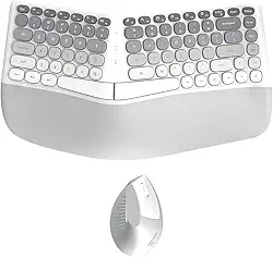 TISHLED Conjunto ergonômico de teclado e mouse sem fio com descanso de pulso, teclas divididas curvas, silencioso, 84 teclas, conjunto de mouse vertical de 6 teclas para Win/Mac/PC/laptop, pilhas AAA