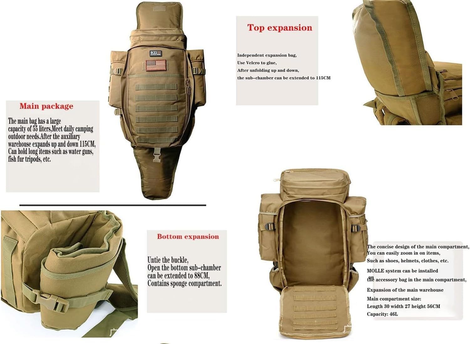 Táctico Mochila De Rifle Largo, Molle Mochila Militar, Mochilas De Asalto Militar, Caza Táctica Pesca Airsoft Gear Gun Rifle Mochila Campo De Tiro Mochila, Airsoft Armas Bolsa, Gran Capacidad F
