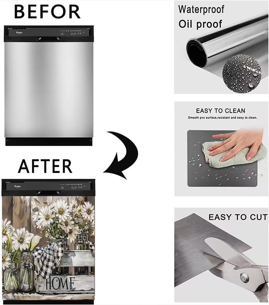 Kitchen Dishwasher Magnet Decoration Cover, White Daisy Dishwasher Refrigerator Cover Magnetic Stickers Art Decal Decorative for Home Appliance Door Cover 23 x 26 Inch