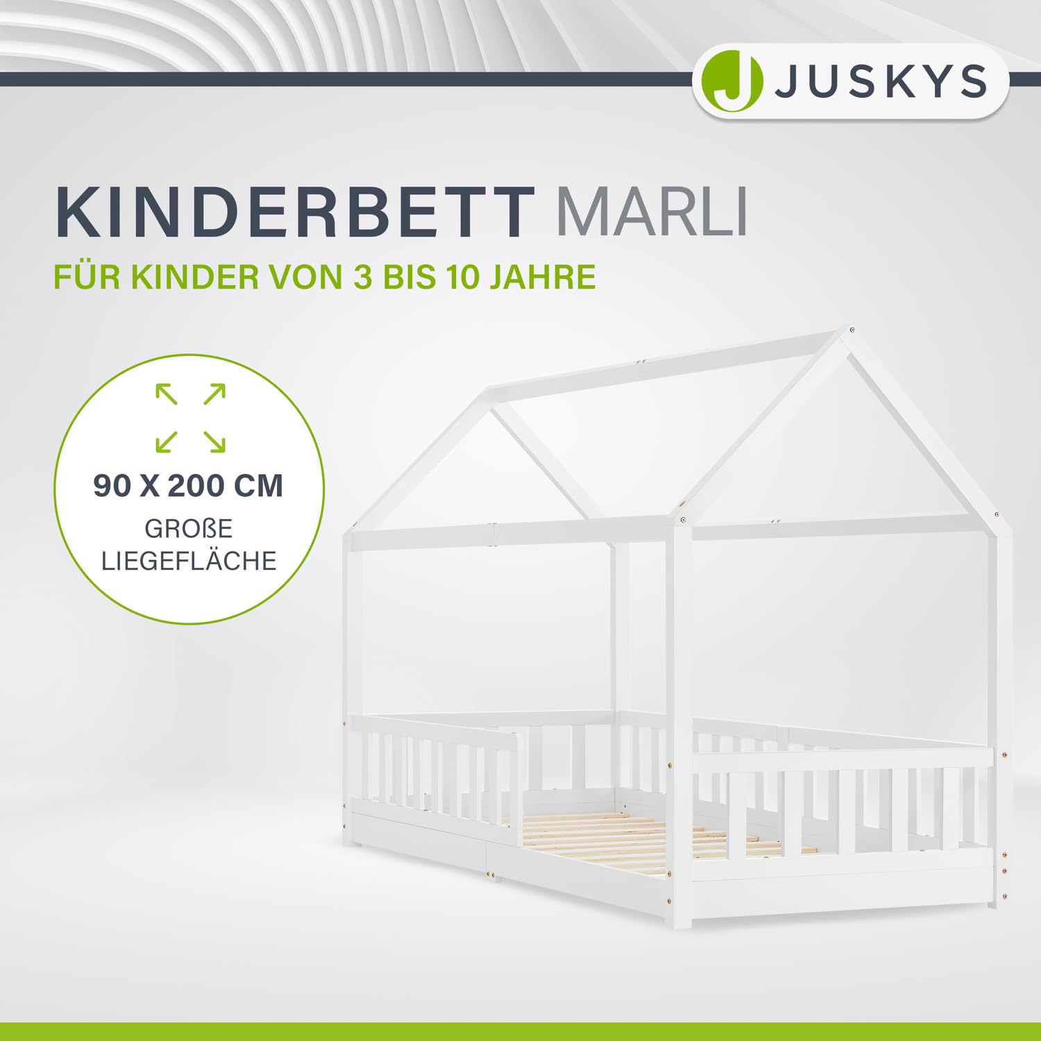 Juskys® Kinderbett Marli 90 x 200 cm mit Matratze, Rausfallschutz, Lattenrost & Dach - Massivholz Hausbett für Kinder - Bett in Weiß
