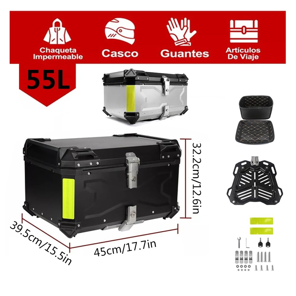 Aluminium Top Case Moto Coffre De Moto Étanche Valise pour Moto 36L 45L 55L 65L 80L 100L avec Doublure IntéRieure Et Plaque InféRieure À DéGagement Rapide(Silver,65L)