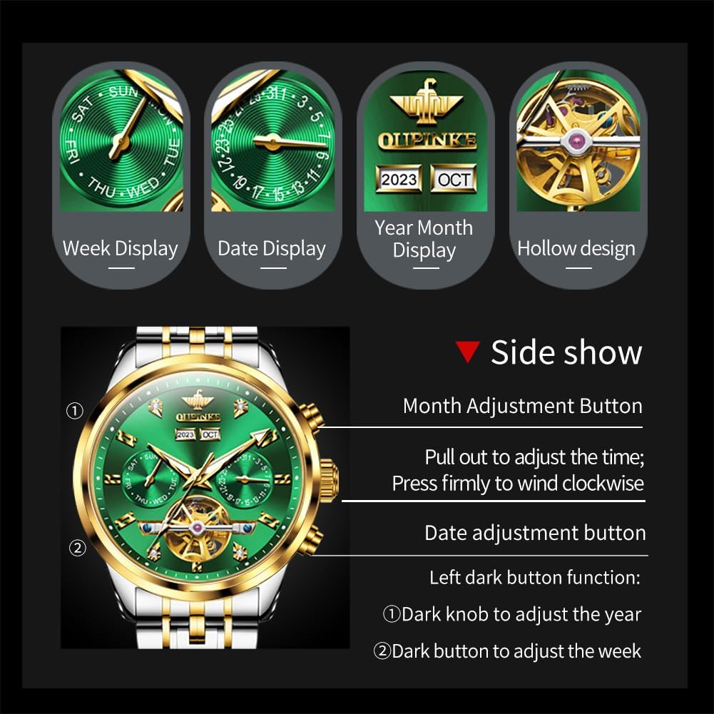 OUPINKE Mens Automatic Watches Diamond Luxury Dress Self Winding Mechanical Waterproof Tungsten Steel Dual Date Wrist Watch 3248:green