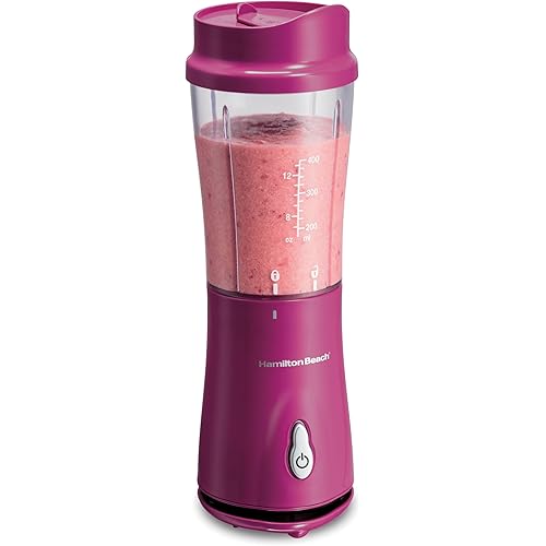 Hamilton Beach Portable Blender for Shakes and Smoothies, 14 Oz BPA Free Travel Cup & Lid, Durable Stainless Steel Blades, Personal Smoothie Blender, Raspberry, 51131G