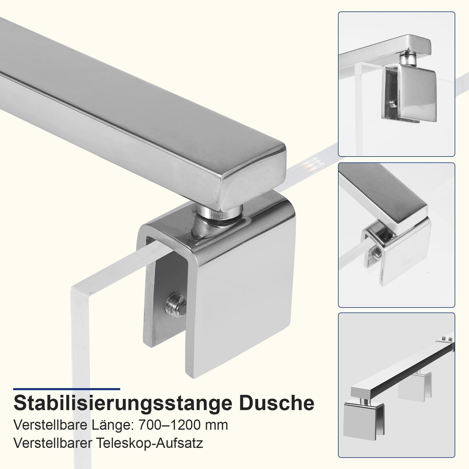 SVNR Barra telescópica ajustable para puerta de ducha de 700 mm a 1200 mm, acero inoxidable, forma cuadrada para mamparas de ducha húmedas y cabinas, apto para cristales de 8 – 10 mm, color plateado