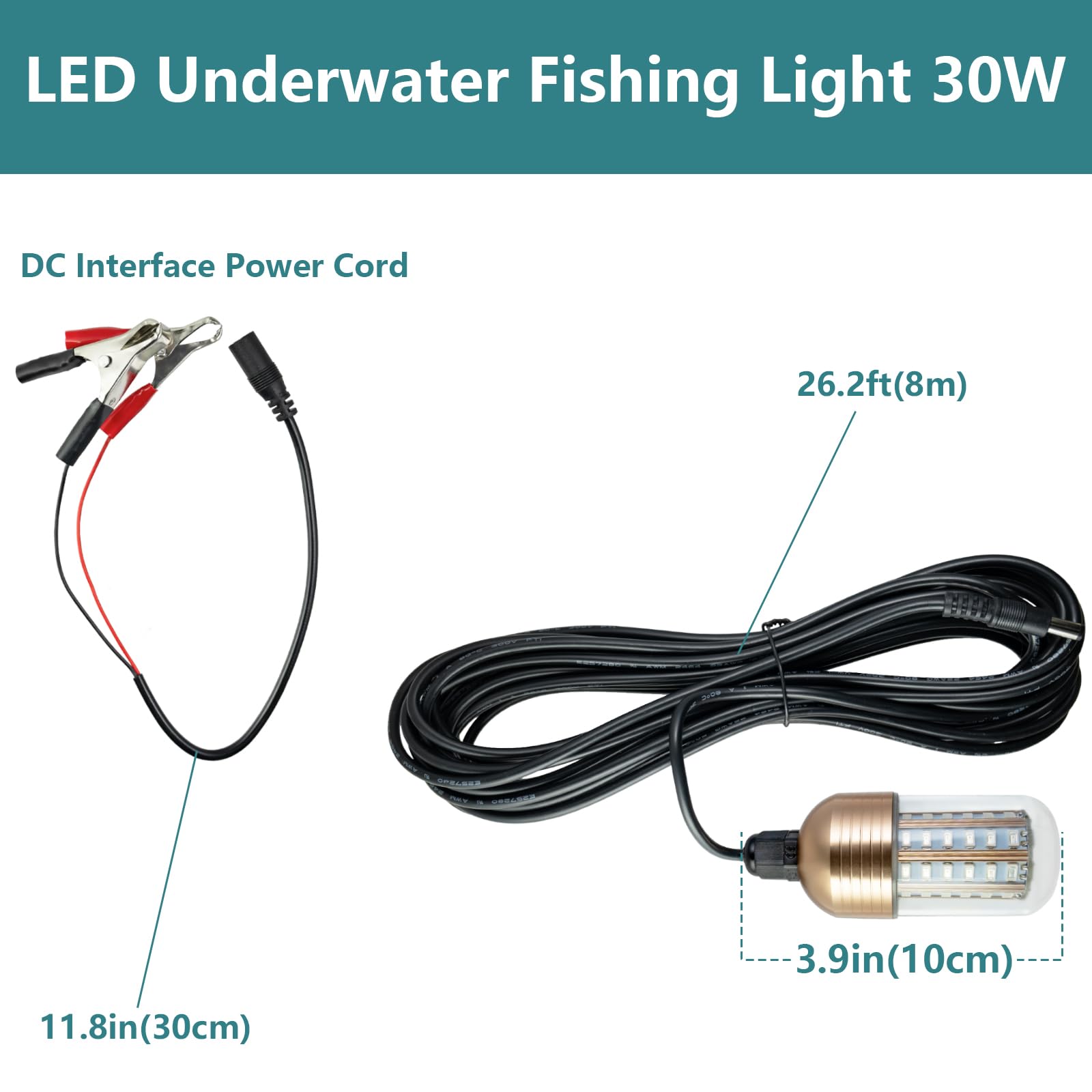 YEGRUEB LED Night Fishing Light, Underwater Night Fishing Finder Light 12V 30W, IP68 Underwater Fish Finder Lamp 3000LM Green Submersible Fishing Attracting Light with 26.2ft Power Cord