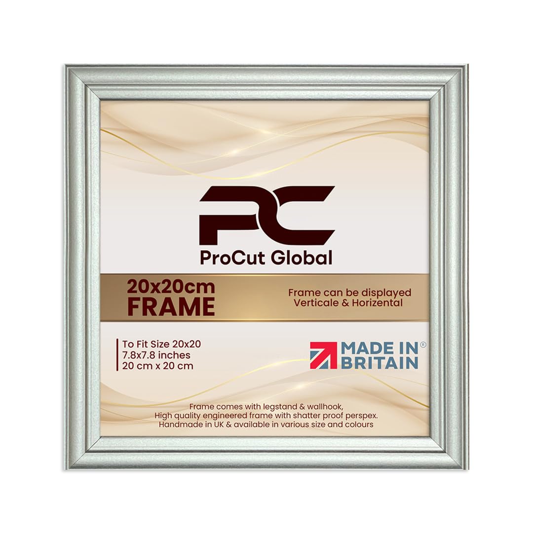 Procut Global 20x20CM Silver Picture Frames - Classic Wooden Photo Frame with Shatterproof Perspex for Wall or Tabletop - Perfect for Posters, Certificates & Prints - Sizes & Colors Available