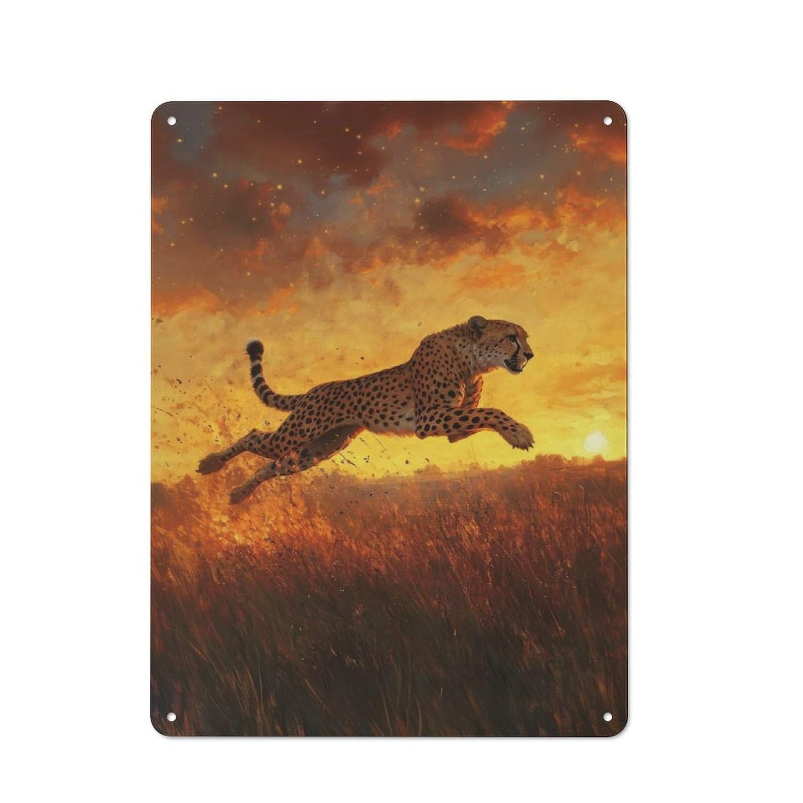 Junmoney Cheetah Leap At Sunset Rustic Tin Sign 40X30cm For Man Cave Or Games Room, A Decorative Gift For A Newly Furnished Man Cave And Games Room