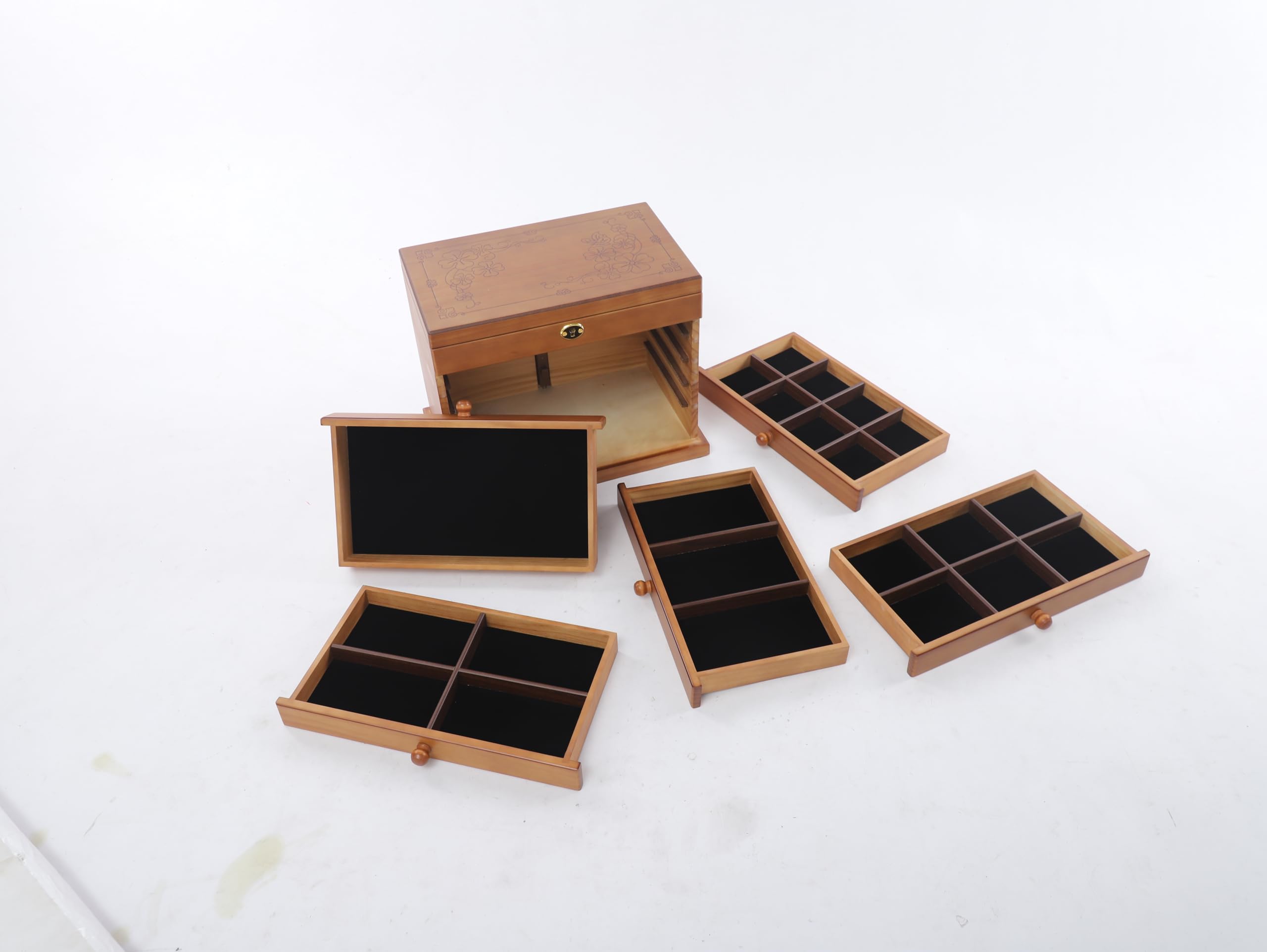 Portagioie in legno con chiusura di sicurezza, 6 cassetti + specchio HD, grande portagioie per anelli/collane, design vintage a quattro foglie, 31,5 x 24,5 x 20 cm