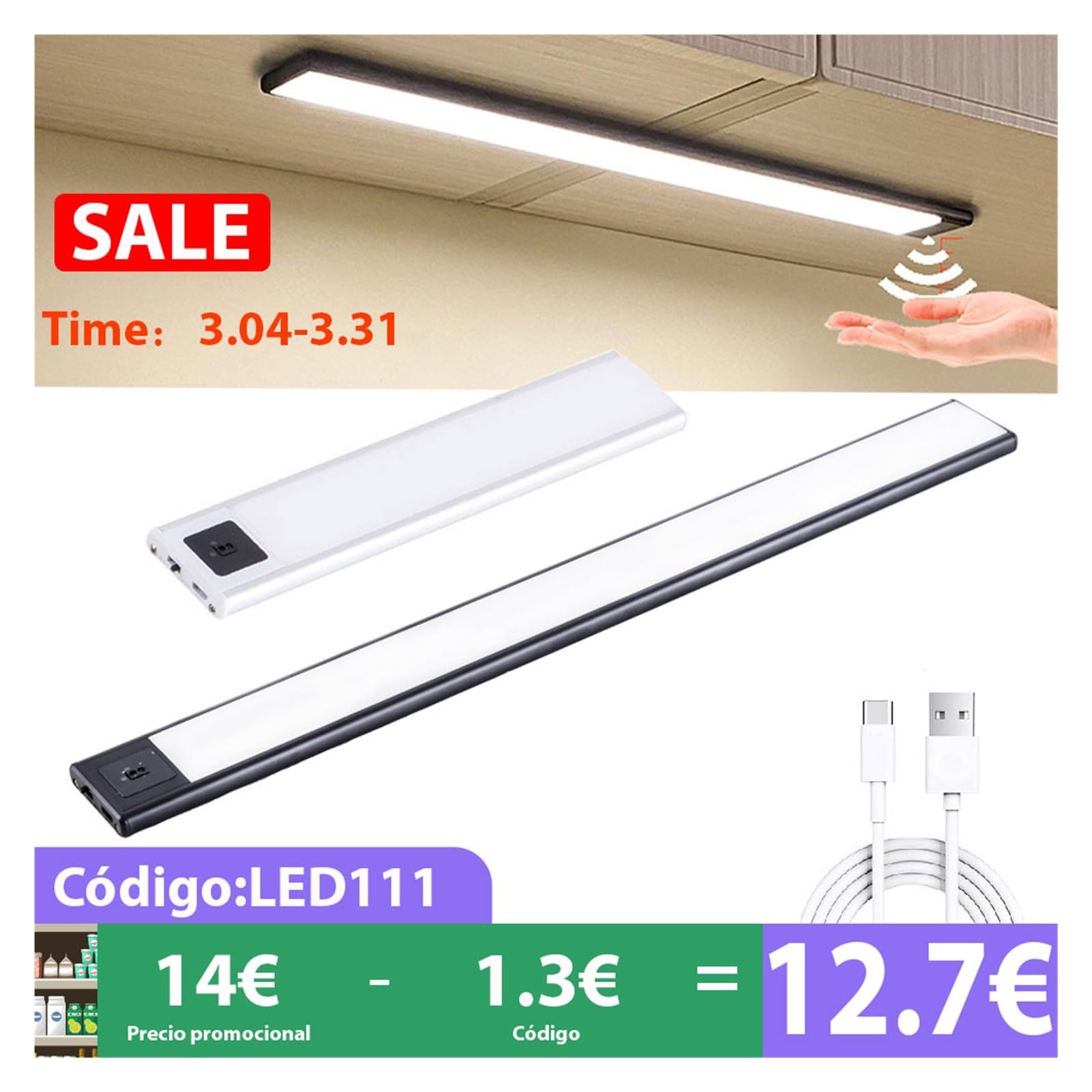 Luce Notturna A LED Sensore Di Spazzata Manuale Luci A USB Ricaricabile Cucina In Alluminio Nero Sotto Gli Armadi Illuminazione Rilevatore Di Movimento(Cold White Light,20CM_SILVER)