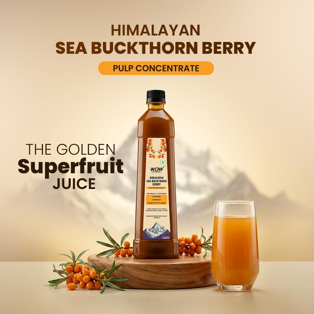 WOW Life Science Himalayan Sea Buckthorn Berry Pulp Concentrate | Cold‑Pressed from Spiti Valley | Rich in Omega 3‑6‑7‑9, Vitamins & Antioxidants | Heart, Gut, Skin & Immunity Support | No Added Sugar | Makes 80 Glasses | 400 ML