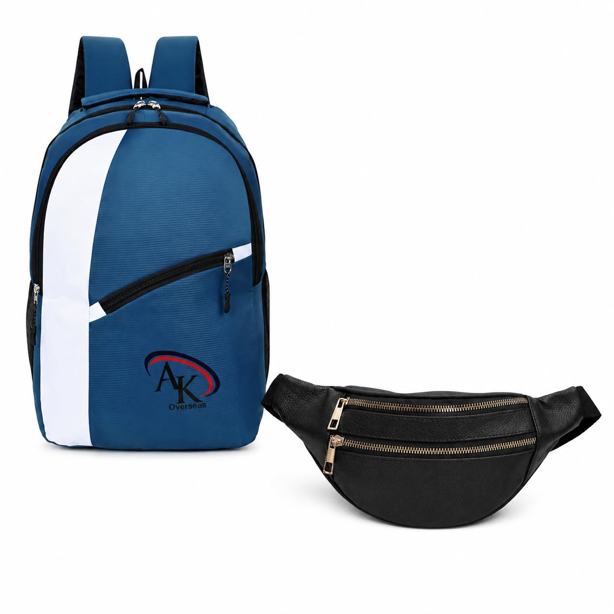Backpack and Fanny Pack Combo, Blue and White with Black Waist Bag, Multi-Pocket-image-36