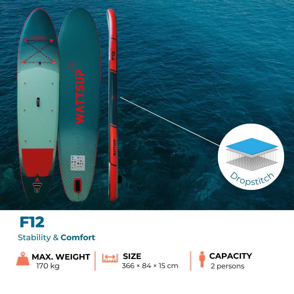 Wattsup - SUP Stand Up Paddle nadmuchiwany F12 12' - 366x84x15 cm Dropstitch - Zestaw kompletny: Wiosło, Smycz, Pompa, Torba transportowa - Do 150 kg - Niebieski