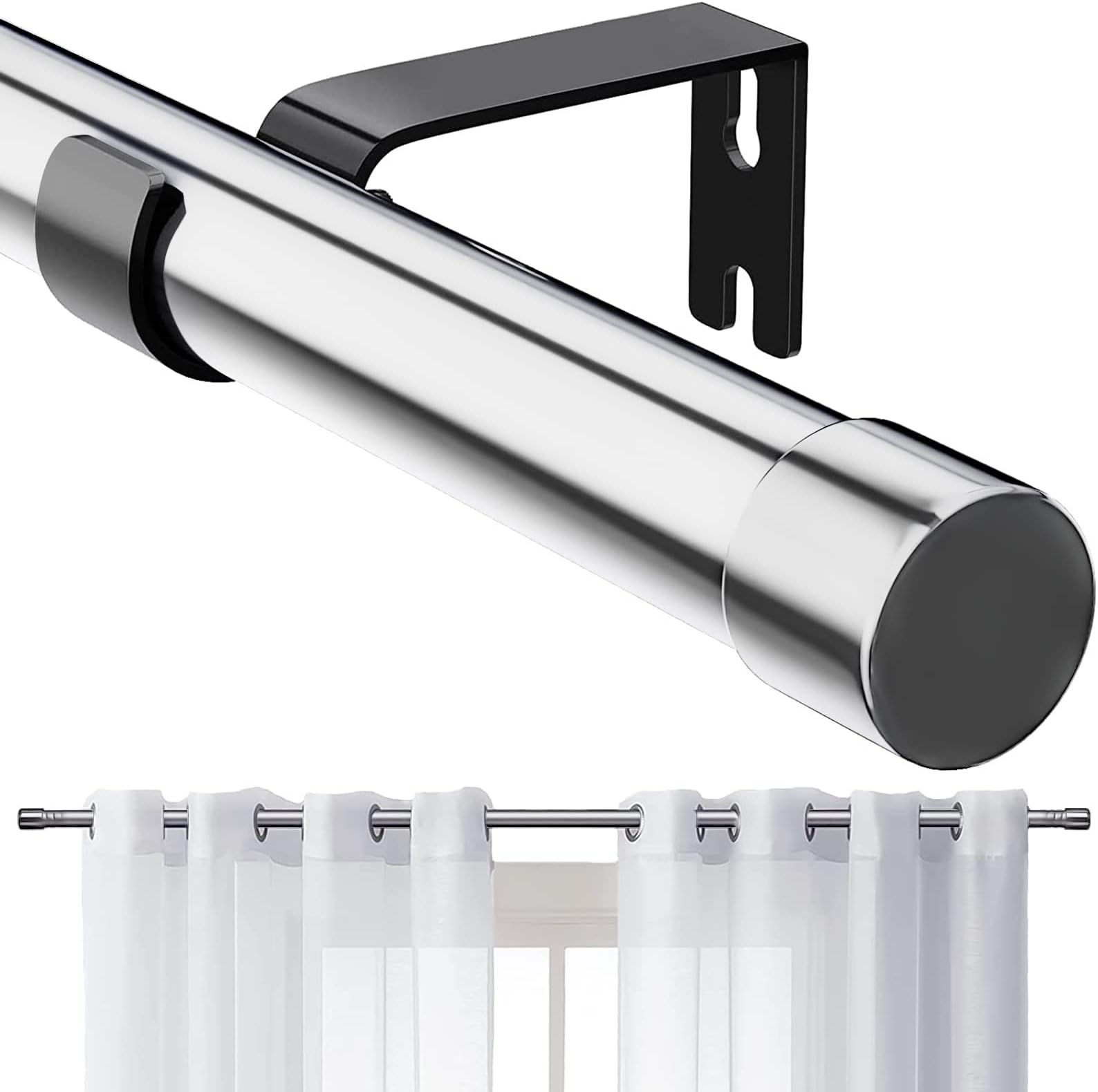 FLY HAWKCurtain Pole, 76-116 cm Adjustable Decorative for Bedroom, Stainless Steel & Plastic, Matte Black Finish, Silver