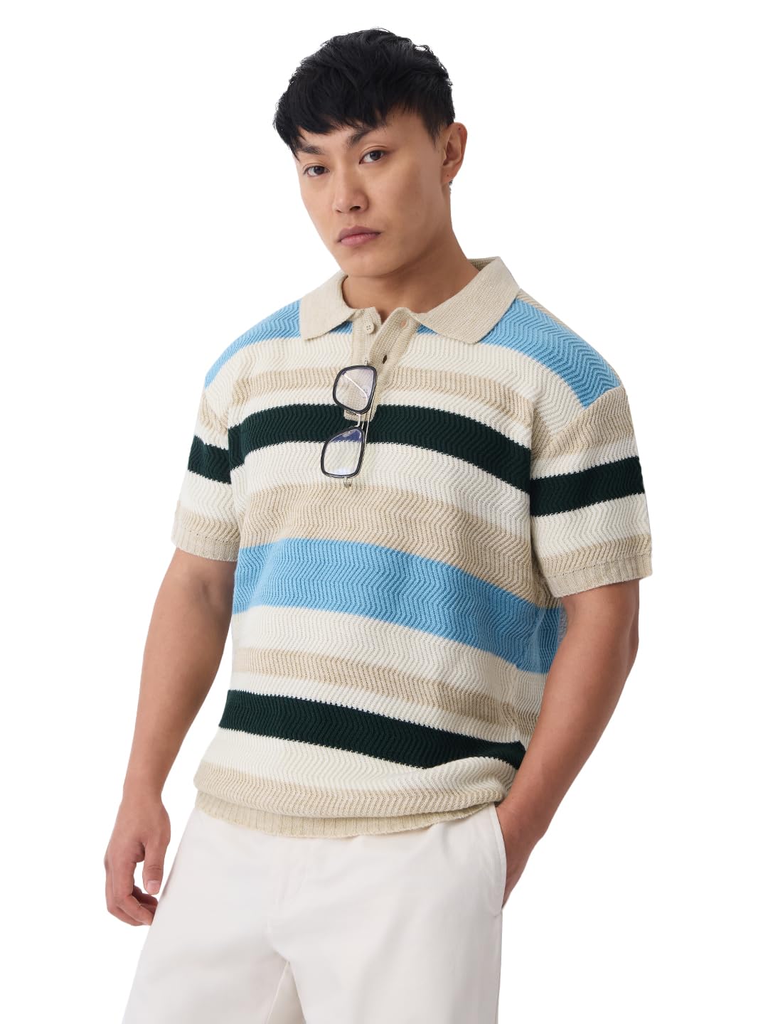 the souled store Everyday Polo: Seaweed Men and Boys Short Sleeve Spread Collar Beige Dark Green and Light Blue Jacquard Knit Pattern Acrylic Relaxed Fit Textured Fabric Polos-picture-40