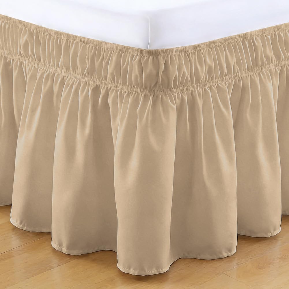 RANJIMA gonna da letto pieghettata, 153 x 203 cm, gonna da letto con balze, gonna da letto avvolgente, altezza 38 cm, volant copriletto con doppio elastico, regalo per donne, sabbia