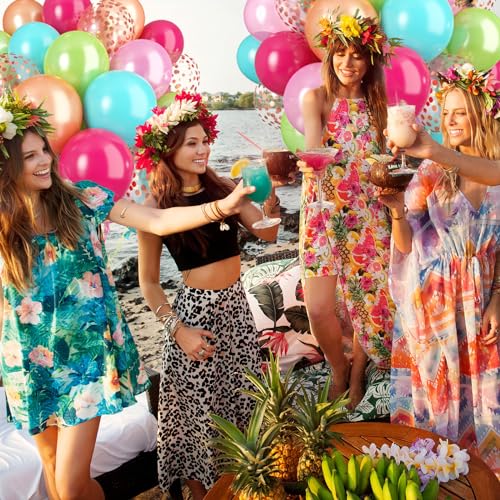 Image of Tropical Party Balloon, 60 Pcs Hawaii Balloons, 12 Inch Hot Pink Teal Blue Latex Balloon Pearl Rose Gold Confetti Balloons for Birthday Baby Shower Wedding Beach Tropical Flamingo Party Decorations