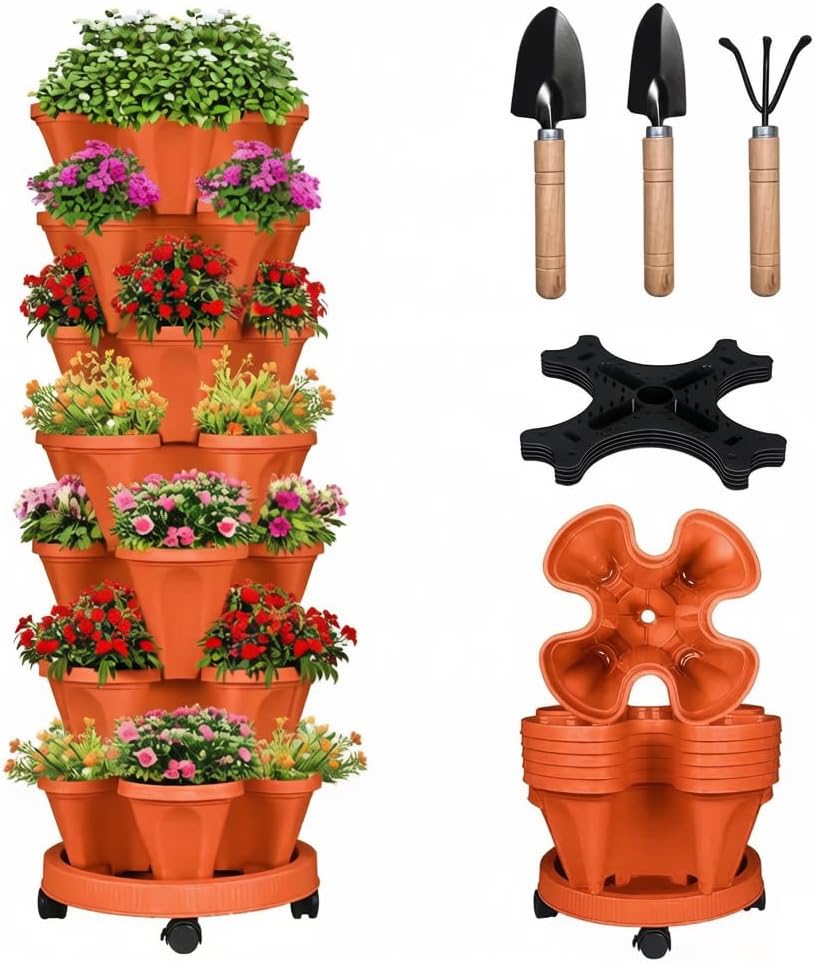 Vertical Strawberry Planter 7 Tier Stackable Tower Herb Planters Stacking Outdoor Garden Red Planters Pot with Tools Mover for Growing Flowers, Vegetables and Succulents